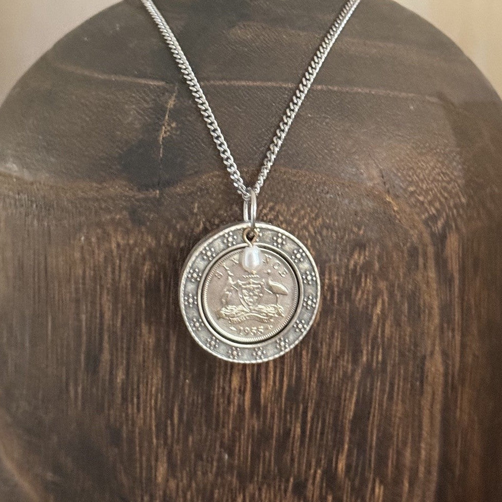 1955 Australian Sixpence & Pearl Necklace
