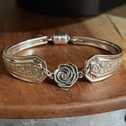 Vintage 1950s Silver Pride Floral Spoon Bracelet with Rose