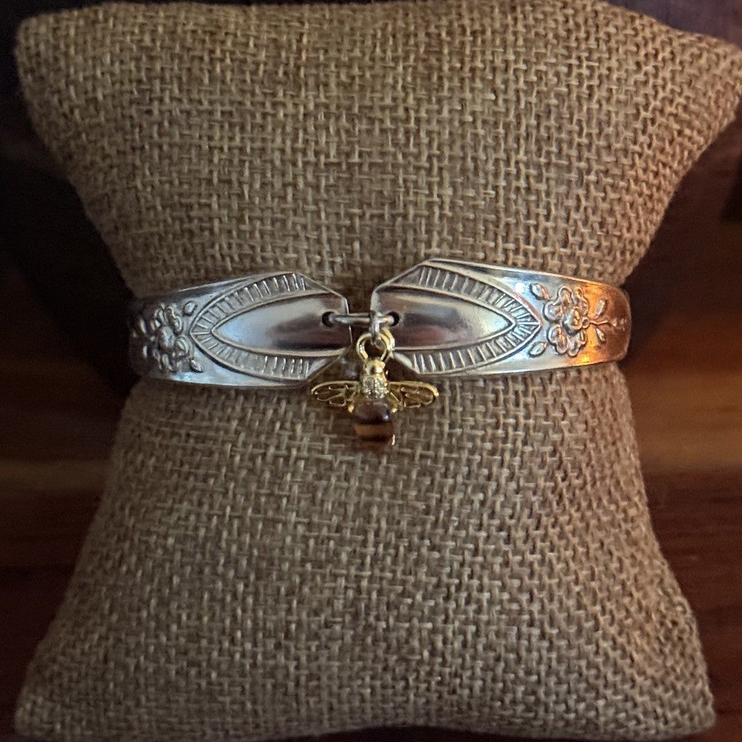 Vintage Anniversary Plate Cake Fork Bracelet with Bee Charm