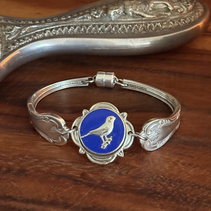 Vintage Sheffield Cake Fork Bracelet with Enamel Bird