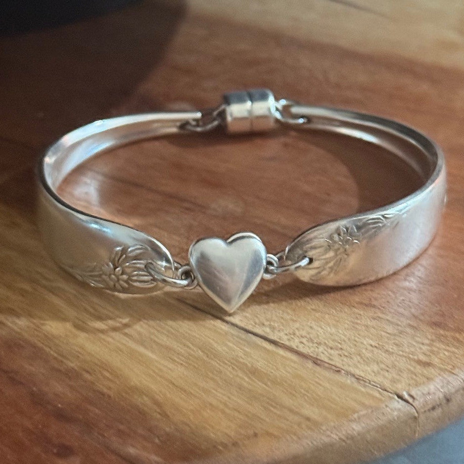 Vintage Floral Silverware Bracelet with Heart Connector