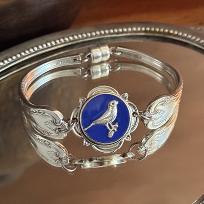 Vintage Sheffield Cake Fork Bracelet with Enamel Bird