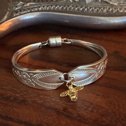 Vintage Anniversary Plate Cake Fork Bracelet with Bee Charm