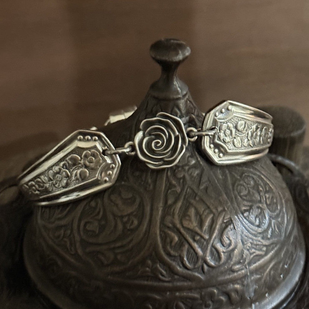 Vintage 1950s Silver Pride Floral Spoon Bracelet with Rose