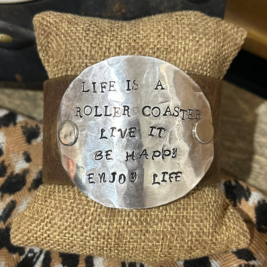 Brown Leather “Enjoy Life” Spoon Bowl Cuff