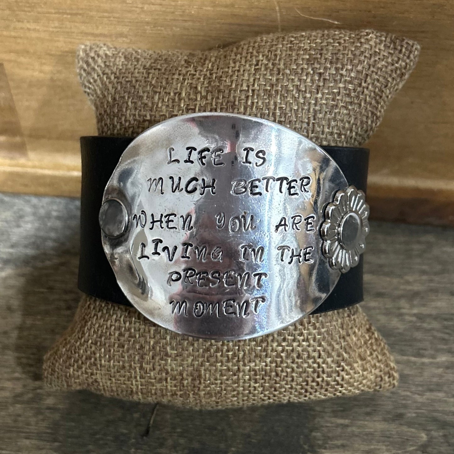 Black Leather “Present Moment” Spoon Bowl Cuff