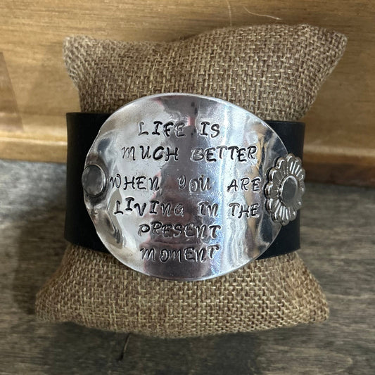 Black Leather “Present Moment” Spoon Bowl Cuff