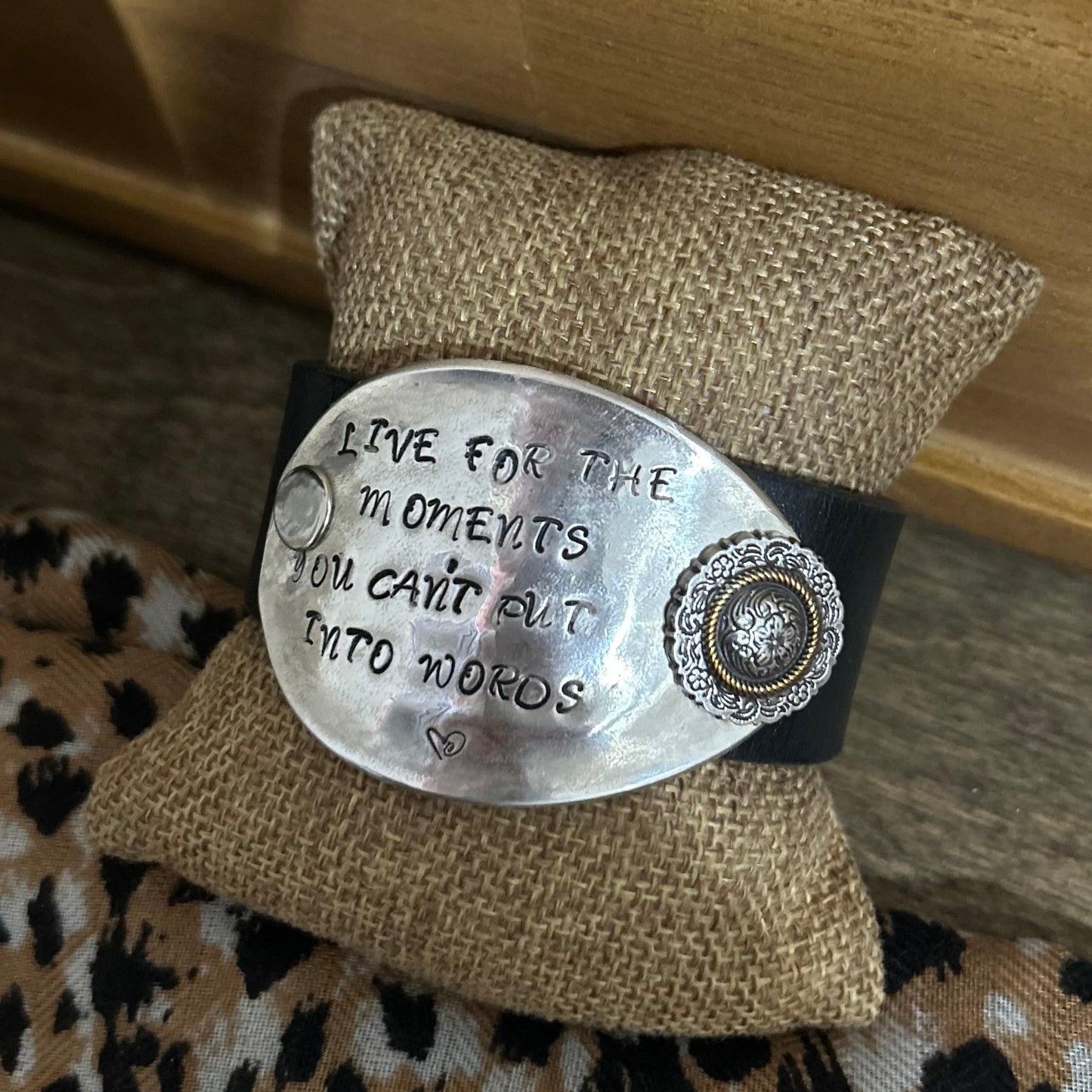 Black Leather “Unforgettable Moments” Spoon Bowl Cuff