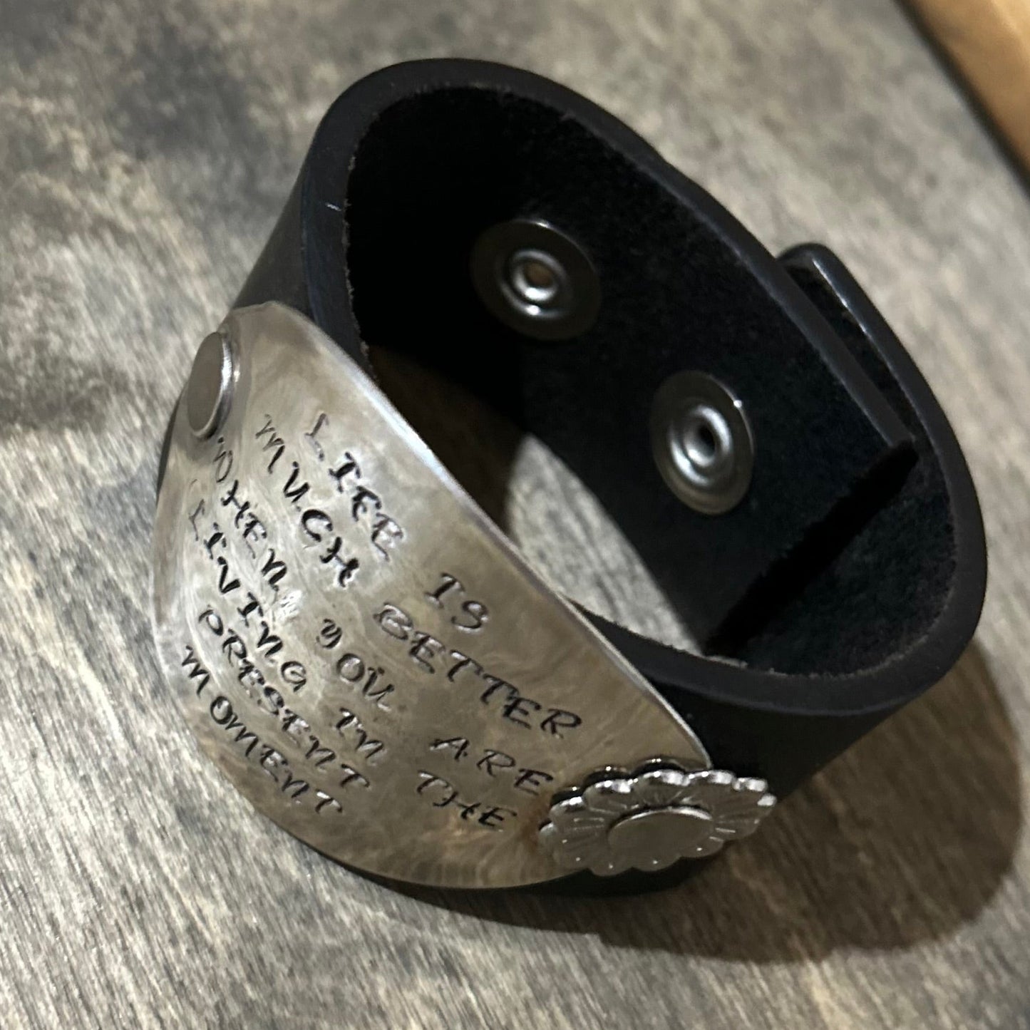 Black Leather “Present Moment” Spoon Bowl Cuff