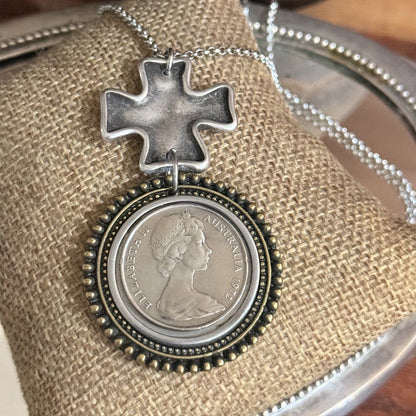 1972 Australian 20 Cent Coin & Cross Necklace/one of a kind