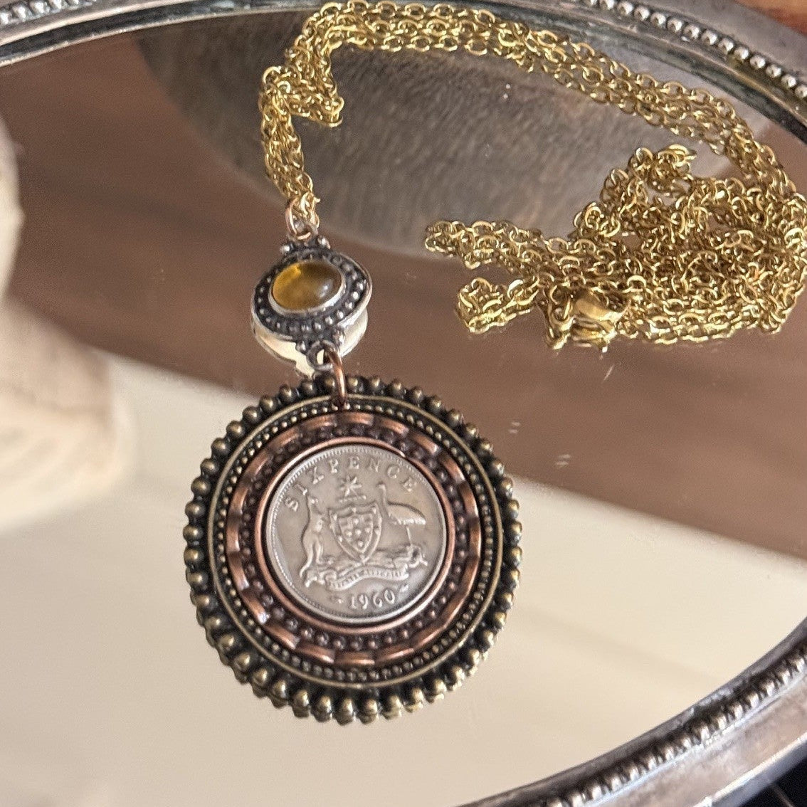 1960 Australian Sixpence Mixed Metal Necklace | One of a Kind Wearable History