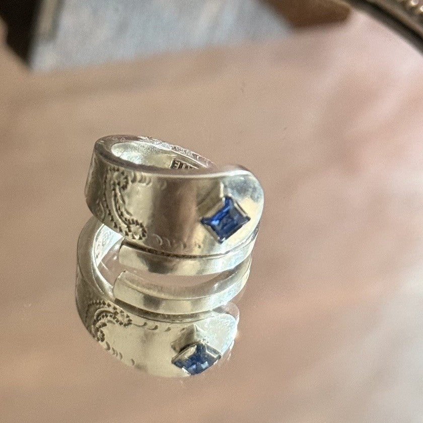 Vintage Spoon Handle Wrap Ring | Blue Crystal | Size L