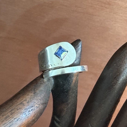 Vintage Spoon Handle Wrap Ring | Blue Crystal | Size L